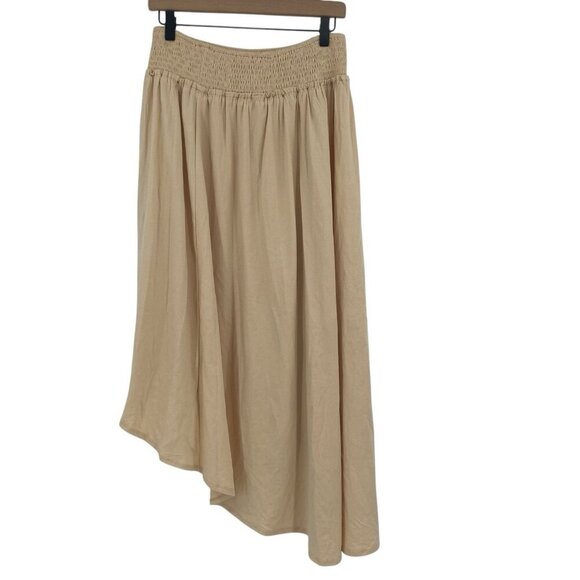 Luvamia Womens XL Beige Midi Asymmetrical Hem Skirt Smocked - Picture 2 of 12